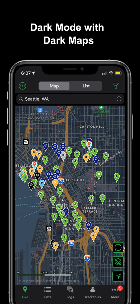 Cachly - Geocaching - Cachly geocaching app interface displaying a dark mode map of Seattle with various geocache pins.