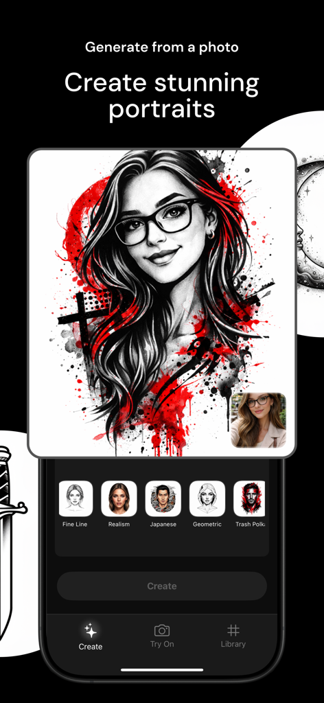 TatGlow: AI Tattoo Generator - Interface of TatGlow app showing a photo of a woman transformed into a stylized portrait tattoo design