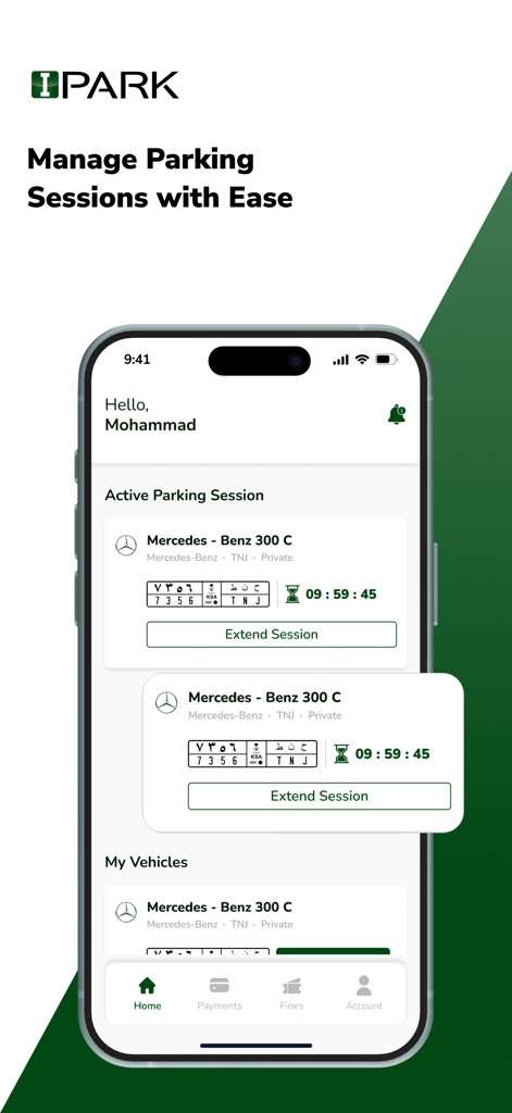 IPark App - Mobile interface of the IPark App showing an active parking session for a Mercedes Benz with a countdown timer and a button to extend the session