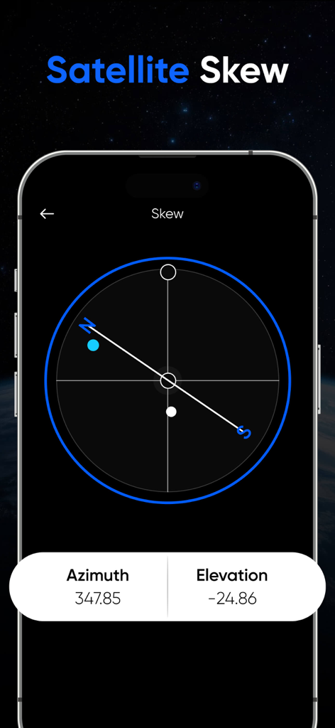 Track Satellite :Find Position - Satellite tracking app interface showing azimuth and elevation data for precise satellite positioning.