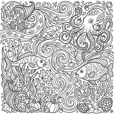 Discover a unique blend of marine beauty and autumnal charm with this intricate adult coloring page. Immerse yourself in a world where ocean creatures mingle with pumpkins, leaves, and cornucopias, offering a delightful challenge for experienced colorists.