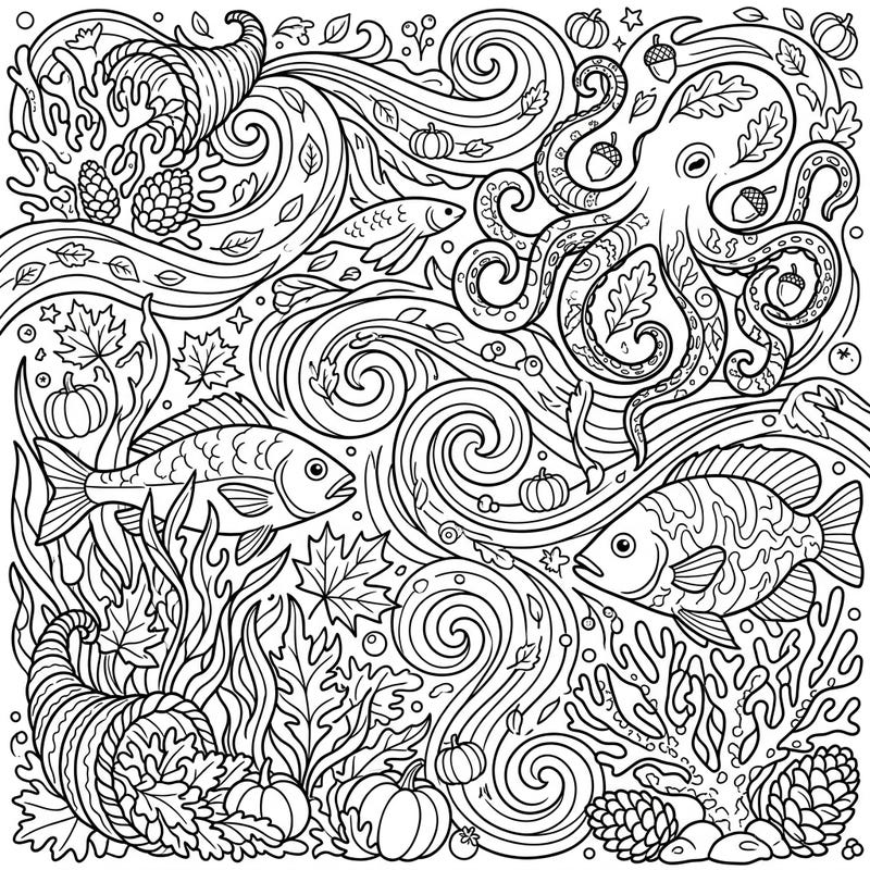 Discover a unique blend of marine beauty and autumnal charm with this intricate adult coloring page. Immerse yourself in a world where ocean creatures mingle with pumpkins, leaves, and cornucopias, offering a delightful challenge for experienced colorists.