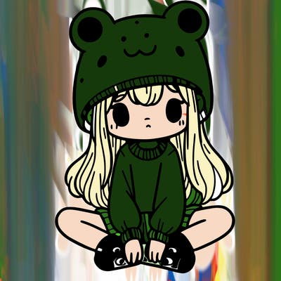 a girl wearing a frog hat and some frog socks