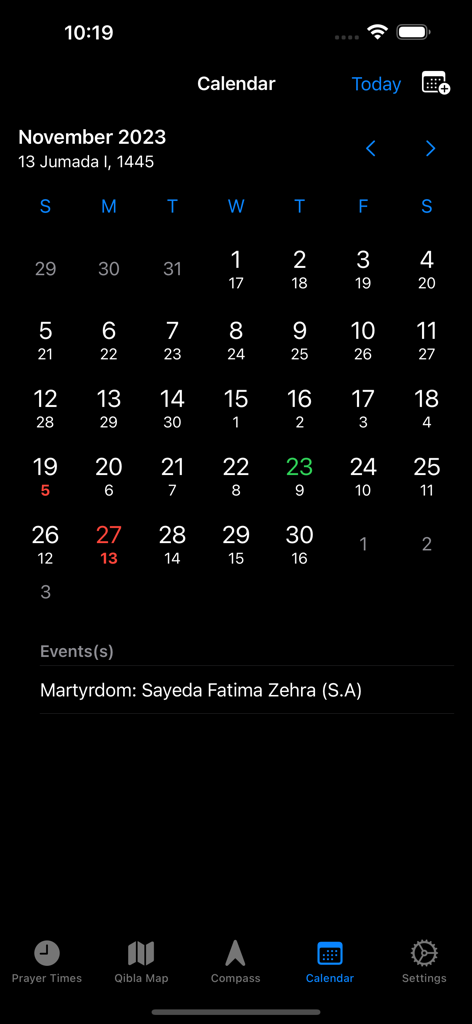 alQibla - alQibla app Hijri and Gregorian calendar view with Islamic events
