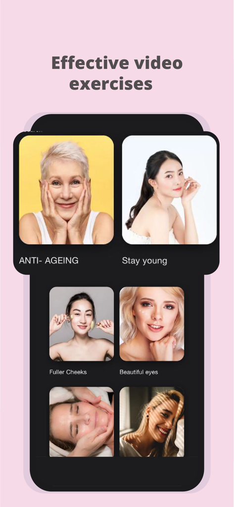 Mobile app interface showing facial yoga exercise categories like anti-aging and beautiful eyes.