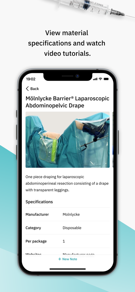 Incision Assist app screen displaying surgical material specifications and video tutorial for a laparoscopic drape