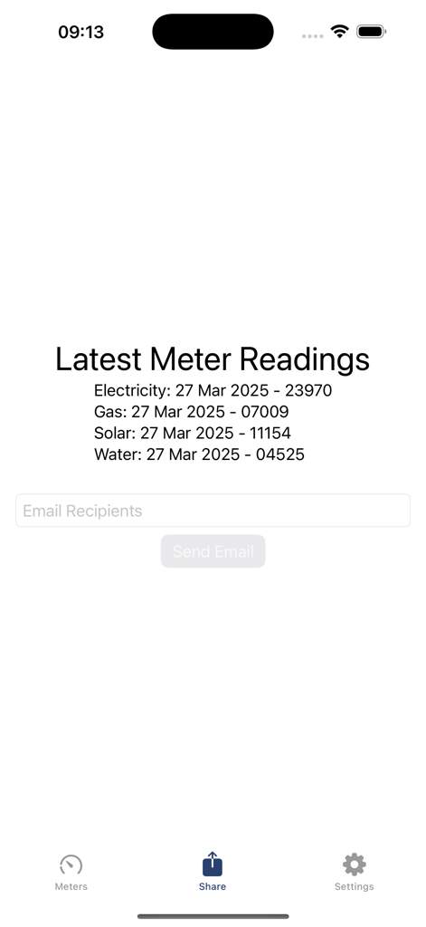 MeterPix - The share interface of the MeterPix app showing the latest meter readings for various utilities and an email sending feature
