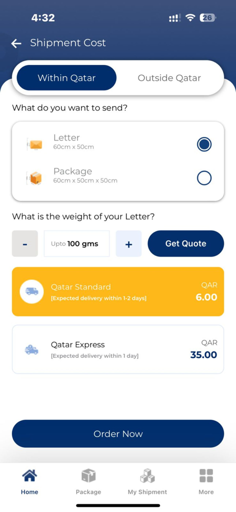 Tela do aplicativo móvel QatarPost para calcular custos de remessa e opções de entrega
