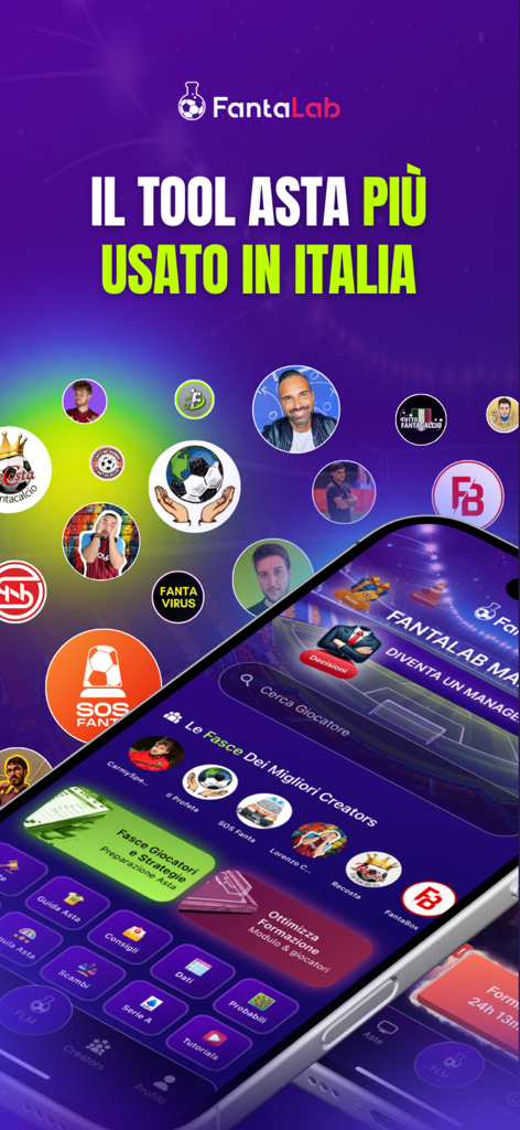 Mobile app interface of FantaLab Manager showing fantasy soccer auction tools and expert strategies
