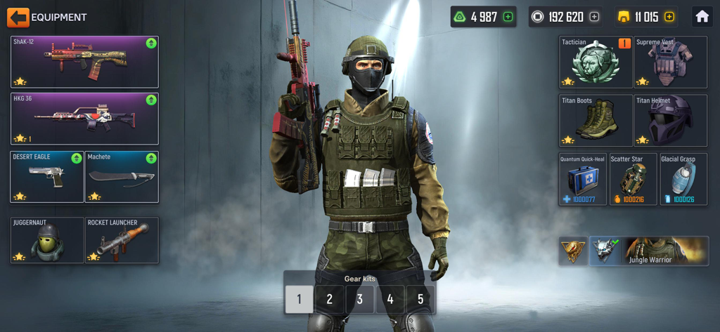 Écran de personnalisation du personnage et de l'équipement dans Tactical OPS Modern Shooter montrant des armes et du matériel tactique.