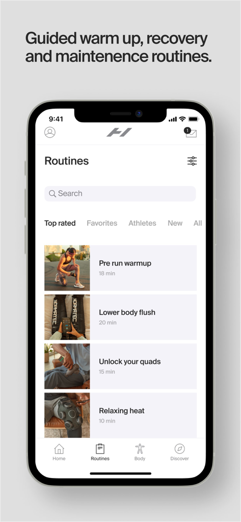 Hyperice - Hyperice mobile app interface showing guided recovery and warm up routines on an iPhone