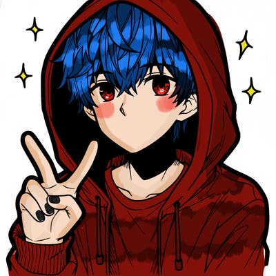 teenage manga boy in a hoodie, doing ✌