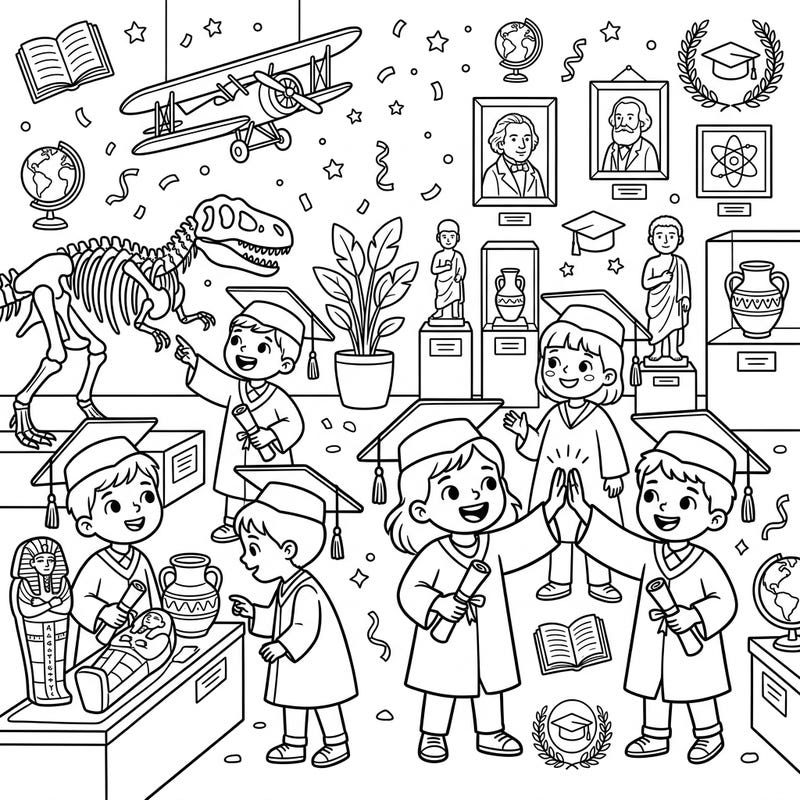 Celebrate your little one's big achievement with this heartwarming coloring page, featuring happy graduates exploring a museum. It's a delightful blend of history, science, and academic success, perfect for inspiring young minds.