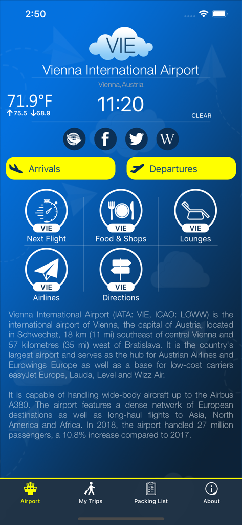 Startbildschirm der Vienna International Airport App, der Flugankünfte, -abflüge und Flughafendienste anzeigt