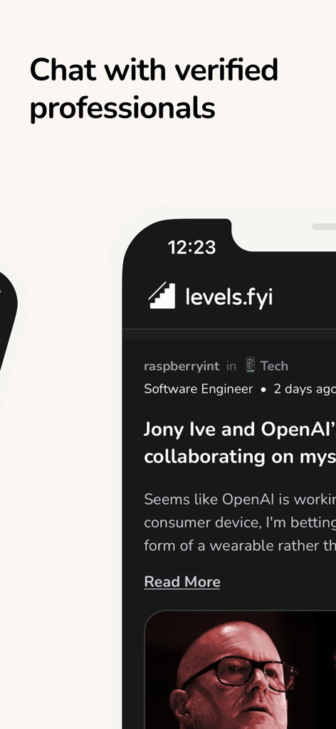 Levels.fyi -  Salaries & More - A screenshot of the Levels.fyi app community feed showing a discussion post from a verified software engineer.