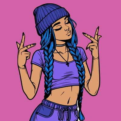 realistic teenage girl with braids and a beanie and crop top doing 🫶🏼