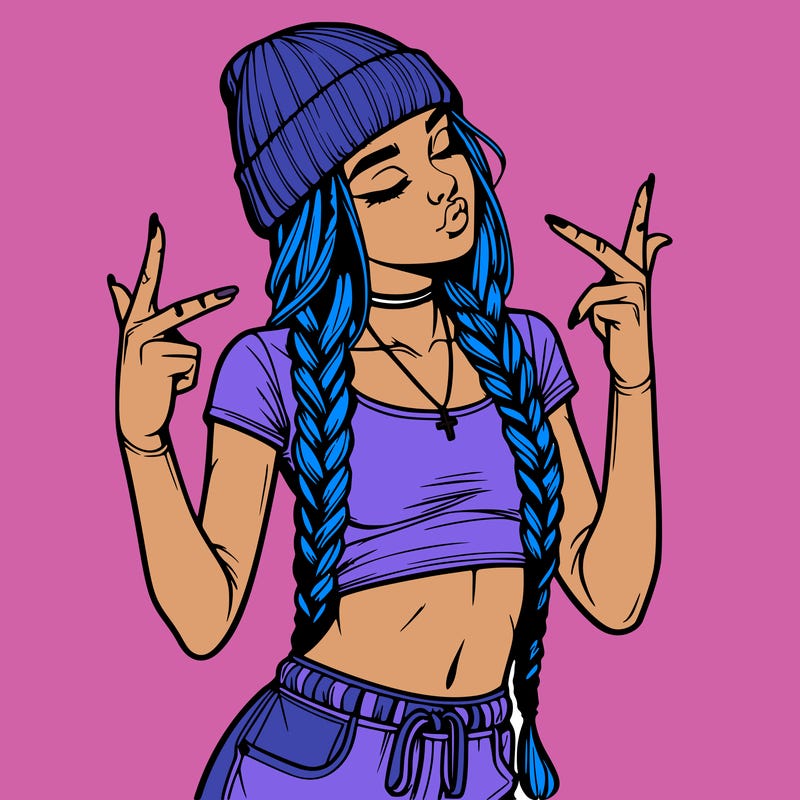 realistic teenage girl with braids and a beanie and crop top doing 🫶🏼