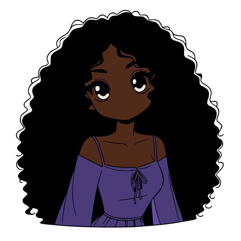 a black anime girl with long afro hair