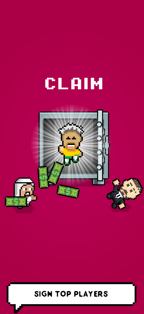 Pixel art claim screen in Soccer Goal Keeper cup showing a new player being unlocked from a vault.