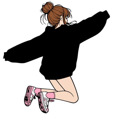 realistic girl jumping with a bun and oversized sweatshirt