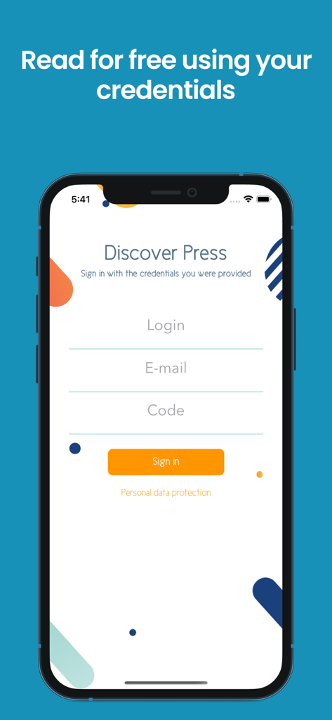 Discover Press app login screen with fields for login e-mail and code to access free magazines