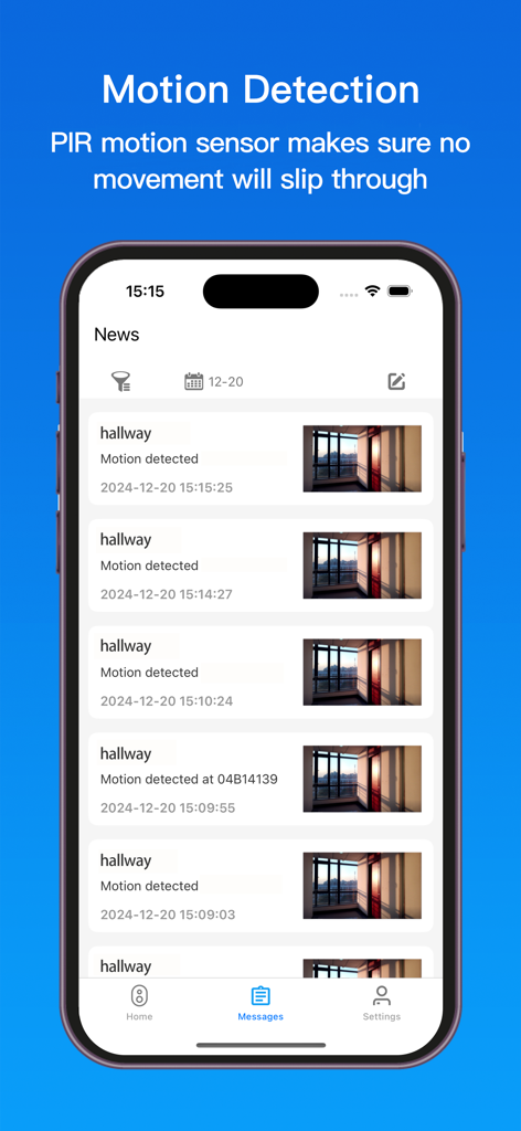 Écran de l'application HG Cam montrant un journal des alertes de détection de mouvement avec des horodatages pour une caméra de couloir.