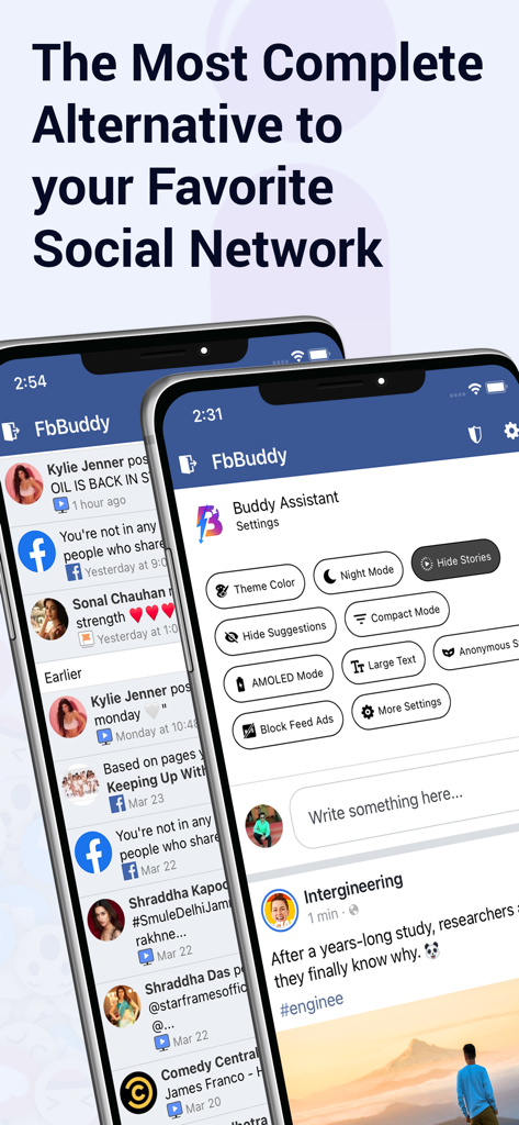 Oberfläche der Buddy für Social Networking-App, die den Social Feed und das Buddy Assistant-Anpassungsmenü mit Datenschutz- und Themeneinstellungen zeigt