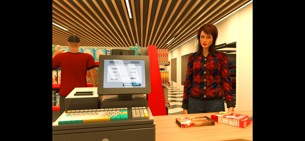 Tela de jogabilidade de um simulador de caixa de supermercado mostrando um caixa digital e um cliente