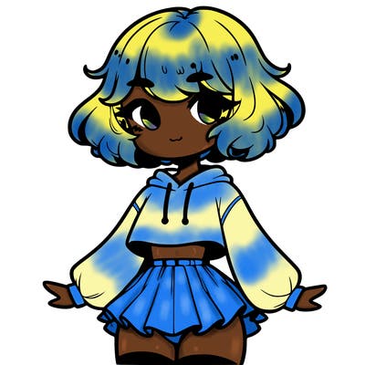 cute femboy with short, fluffy hair that softly frames their face, wearing a cropped hoodie, paired with a flouncy short skirt, and thigh-high stockings
