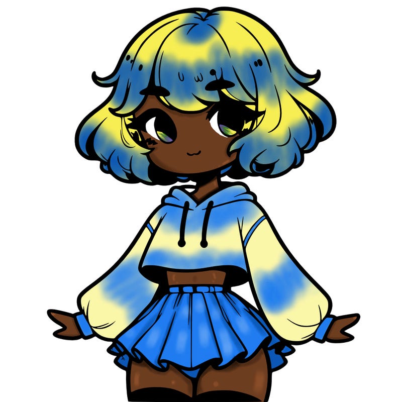 cute femboy with short, fluffy hair that softly frames their face, wearing a cropped hoodie, paired with a flouncy short skirt, and thigh-high stockings