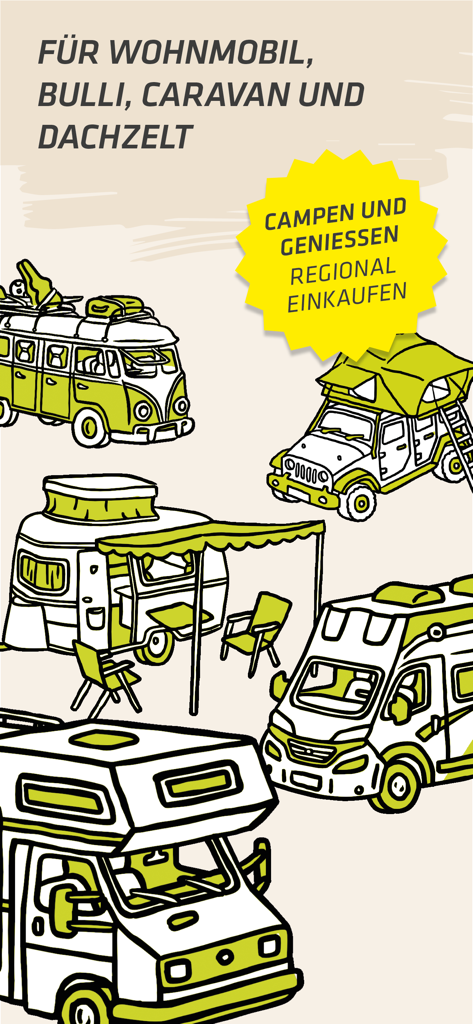 Illustration of various camping vehicles including motorhomes and camper vans for the Landvergnuegen app