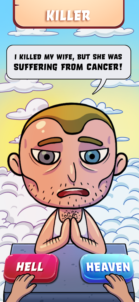 A character in Judgment Day Angel of God presenting a moral dilemma with options for Heaven or Hell