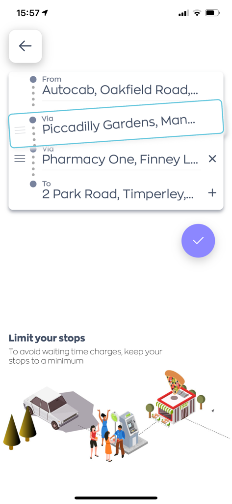All The Fours - All The Fours app interface showing multiple stops for a taxi ride