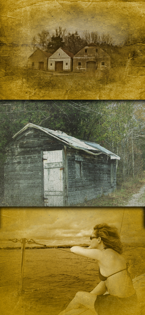 Vintage Scene - Three photos demonstrating vintage filters with sepia tones and distressed paper textures.