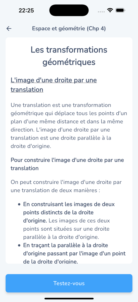 ReviseClasse : Brevet Bac Sup - Ecrã da aplicação ReviseClasse mostrando uma aula de geometria sobre translações de linhas com um botão de teste