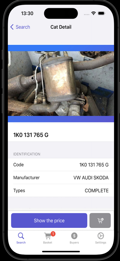 ERoar - Screen from the ERoar app displaying identification details and code for a VW Audi Skoda catalytic converter