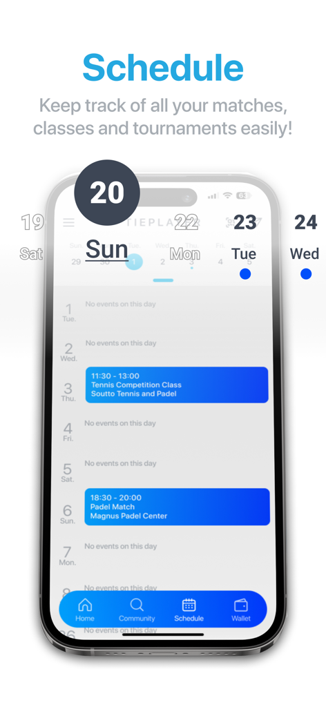 Interface of TiePlayer app showing a weekly schedule for tennis competition classes and padel matches