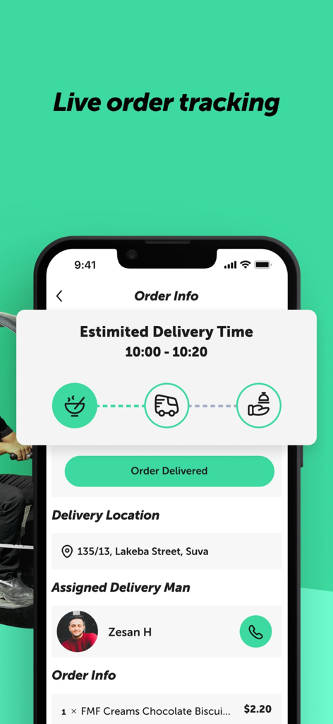 Superstore Fiji mobile app screen showing live order tracking with estimated delivery time and delivery person details.