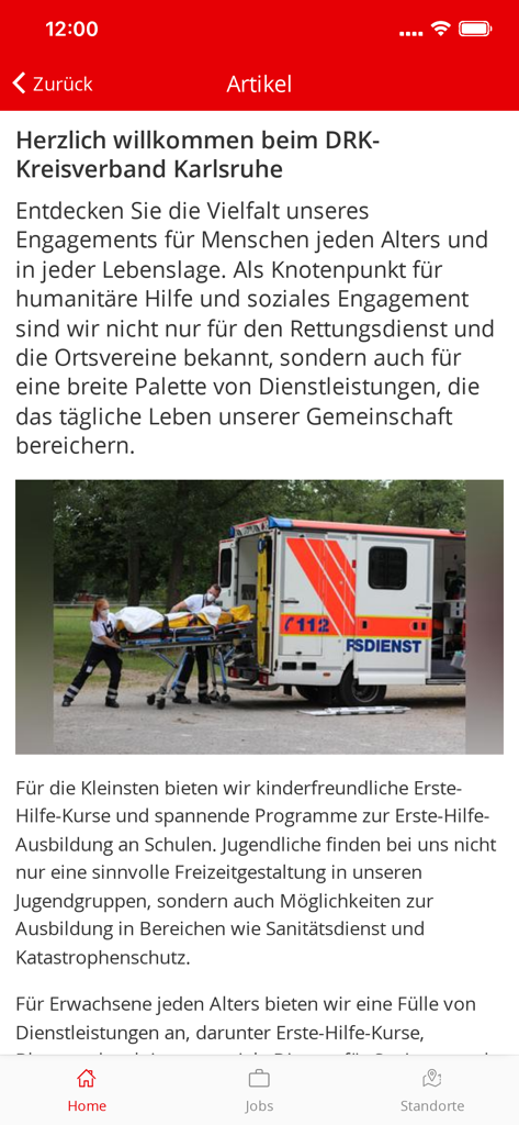 DRKnow! - DRKnow app article page featuring a Red Cross ambulance and paramedics in Karlsruhe