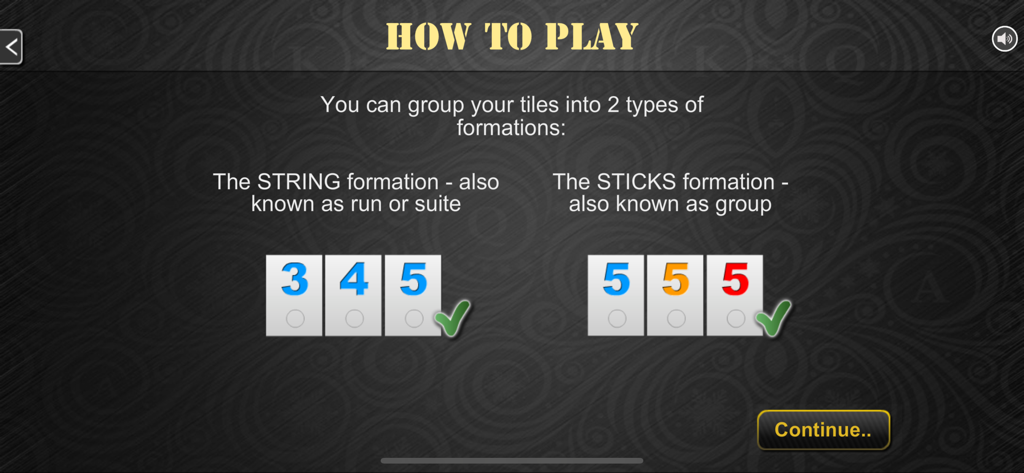 Rummy 45 - Remi Etalat - Tutorial screen explaining string and sticks tile formations in Rummy 45