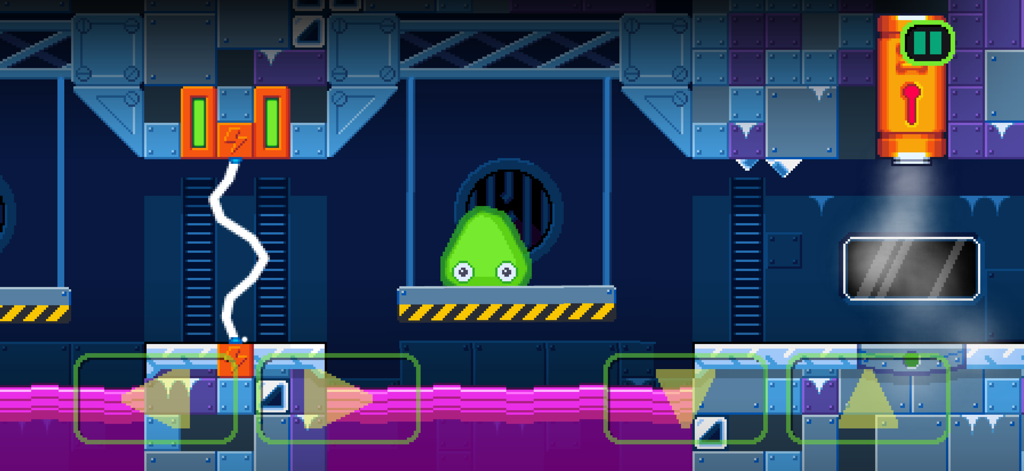 Slime Labs 3 - Gameplay screenshot of Slime Labs 3 showing a green blob character in a pixel art laboratory with electric hazards.