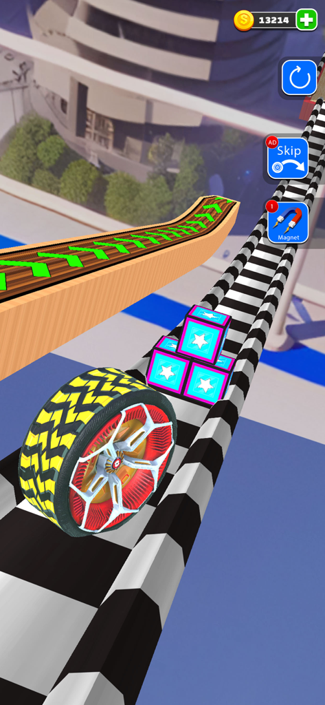 Going Tire: Merge Ball Games - Un neumático amarillo y negro rueda en una pista a cuadros hacia cajas de estrellas azules