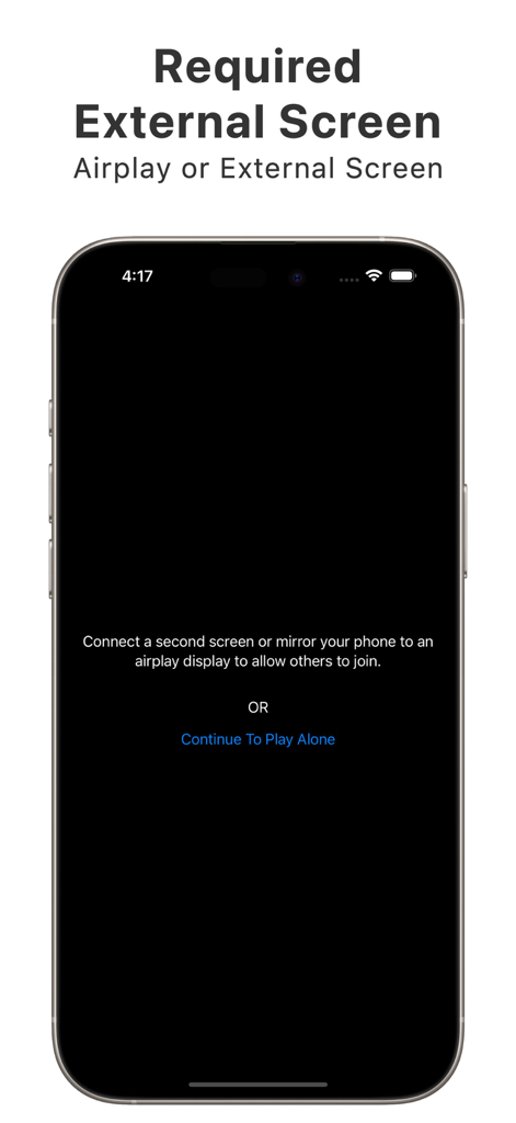 Music Guesser: Guess The Song - Music Guesser app screen with instructions to connect an external display or Airplay for multiplayer play