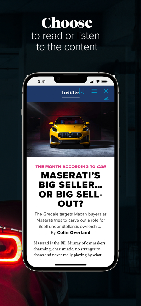CAR Magazine - News & Reviews - A review of the Maserati Grecale in the CAR Magazine app showing options to read or listen to the content