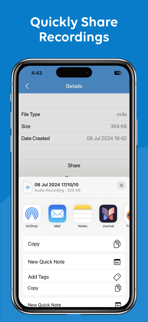 Voice Memos & Sound Recorder - iPhone screen showing the share menu for a voice recording with options like AirDrop and Mail