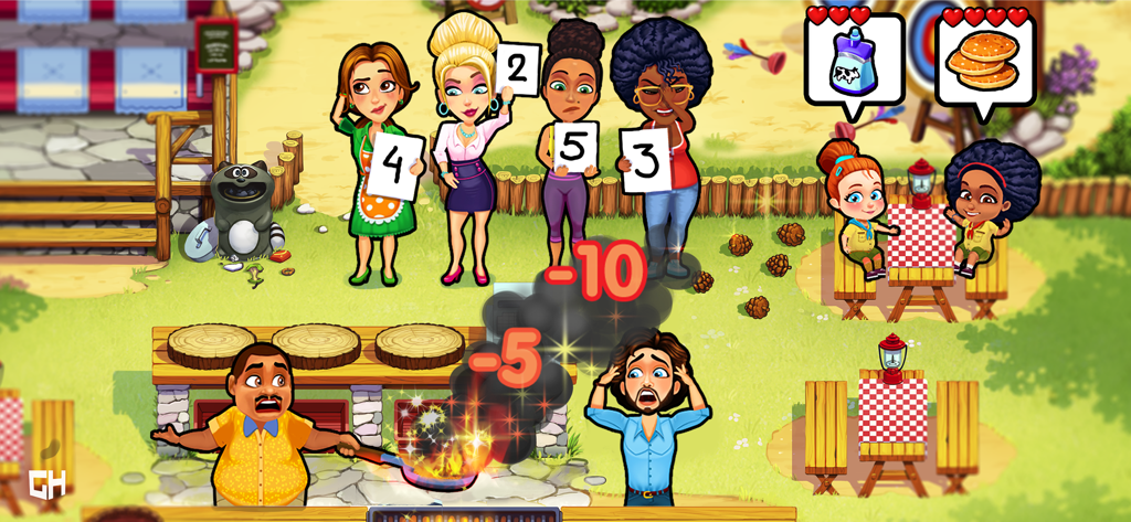 Delicious - Moms vs Dads - Moms holding scorecards while dads struggle with a kitchen fire in an outdoor campsite setting