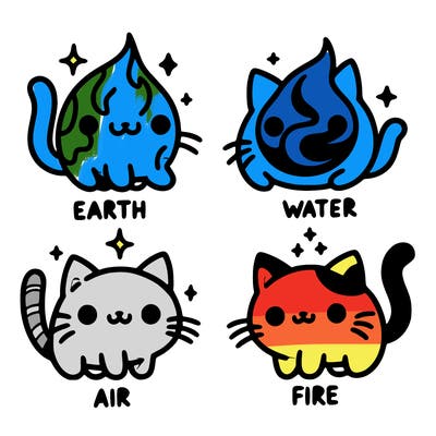 4 cats that represent the different elements, earth, water, air, and fire