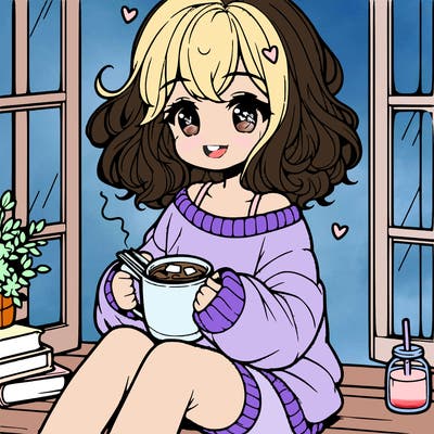 cute anime girl reading book and drinking hot chocolate from mug with loose wavy hair wearing a baggy sweatshirt and shorts sitting by windowsill looking out
