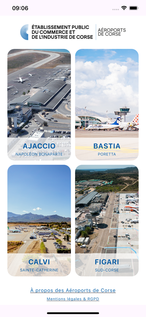 Aéroports de Corse - Main menu of the Aéroports de Corse app showing Ajaccio Bastia Calvi and Figari airports