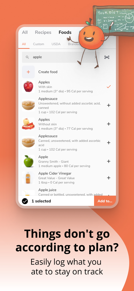 Eat This Much - Meal Planner - Resultados de pesquisa de maçãs e purê de maçã na interface de registro de alimentos do aplicativo Eat This Much.
